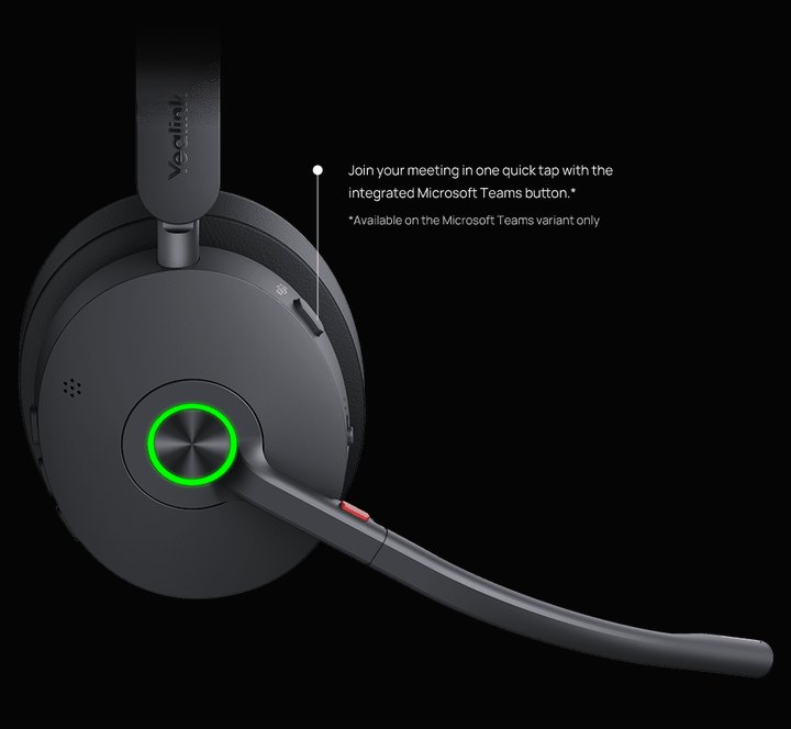 Close-up of the BH74 earcup and boom arm with the integrated Microsoft Teams button
