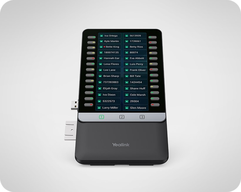 Yealink EXP55 showing 26 BLF keys across a 5.5-inch color screen with three page buttons