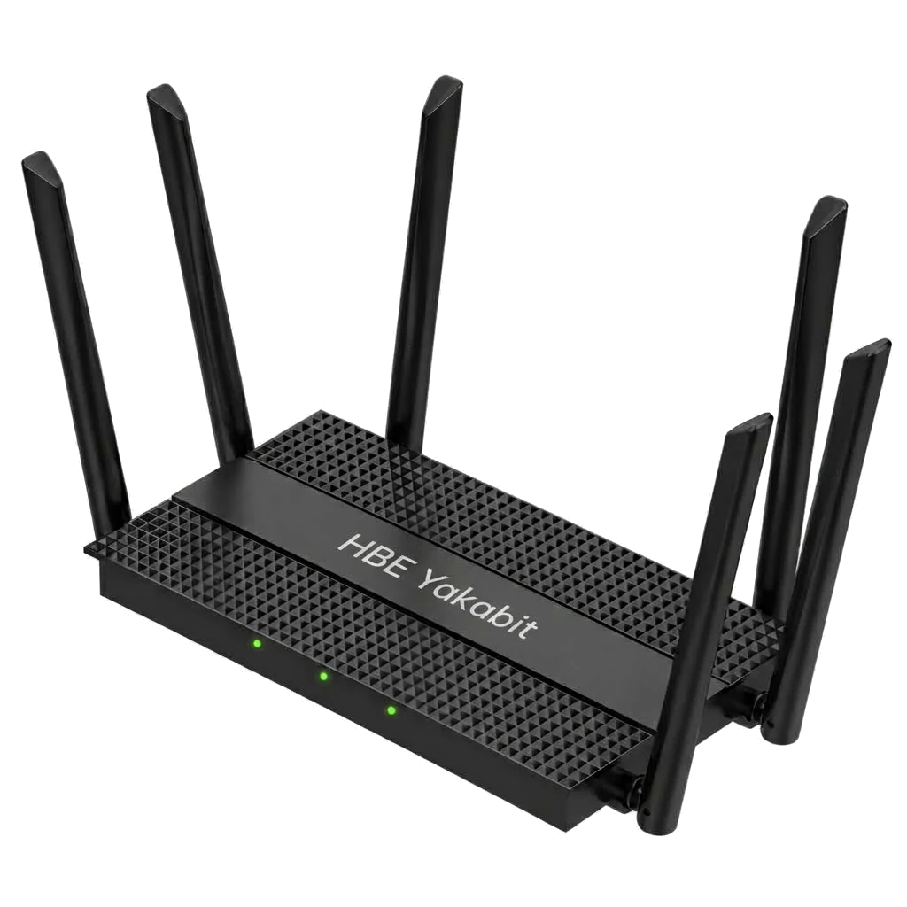 HBE-AX3000 Res/Business Router with HBE Yakabit branding and six external antennas