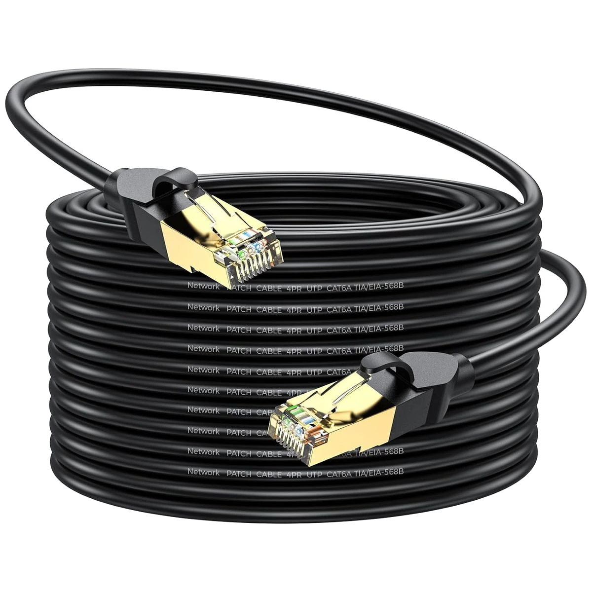 HBE-CAT6 Ethernet cable coiled, with both gold-plated RJ45 connectors laid across the coil