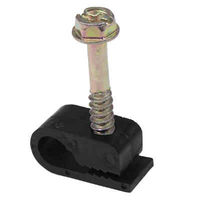 HBE-Grip Clip CAT6 &mdash; black single-cable grip clip with its hex-head screw fitted through the body