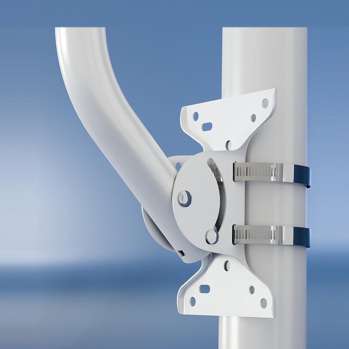 HBE-J-ARM-18&Prime;-MD J-arm mount clamped to a mast, showing the tilting bracket and the two hose clamps