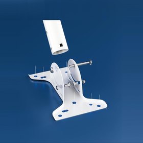 The HBE-J-ARM-18&Prime;-MD bracket taken apart &mdash; the mast tube, the slotted base plate and the pivot bolts
