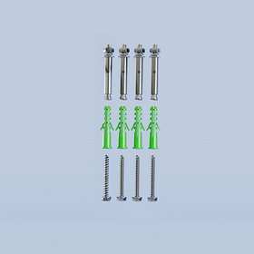 The wall fixings supplied with one HBE-J-ARM-18&Prime;-MD &mdash; four expansion anchors, four wall plugs and four screws