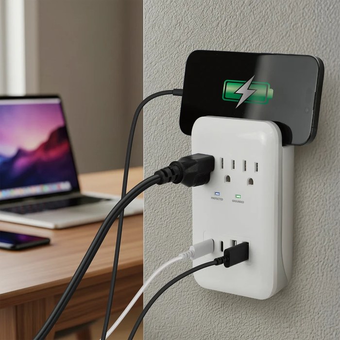 Prime PBSUC418 3 Outlet 980 Joule Surge Protector with 2 USB-C & 2 USB-A 17W Charging Ports and Phone Shelf