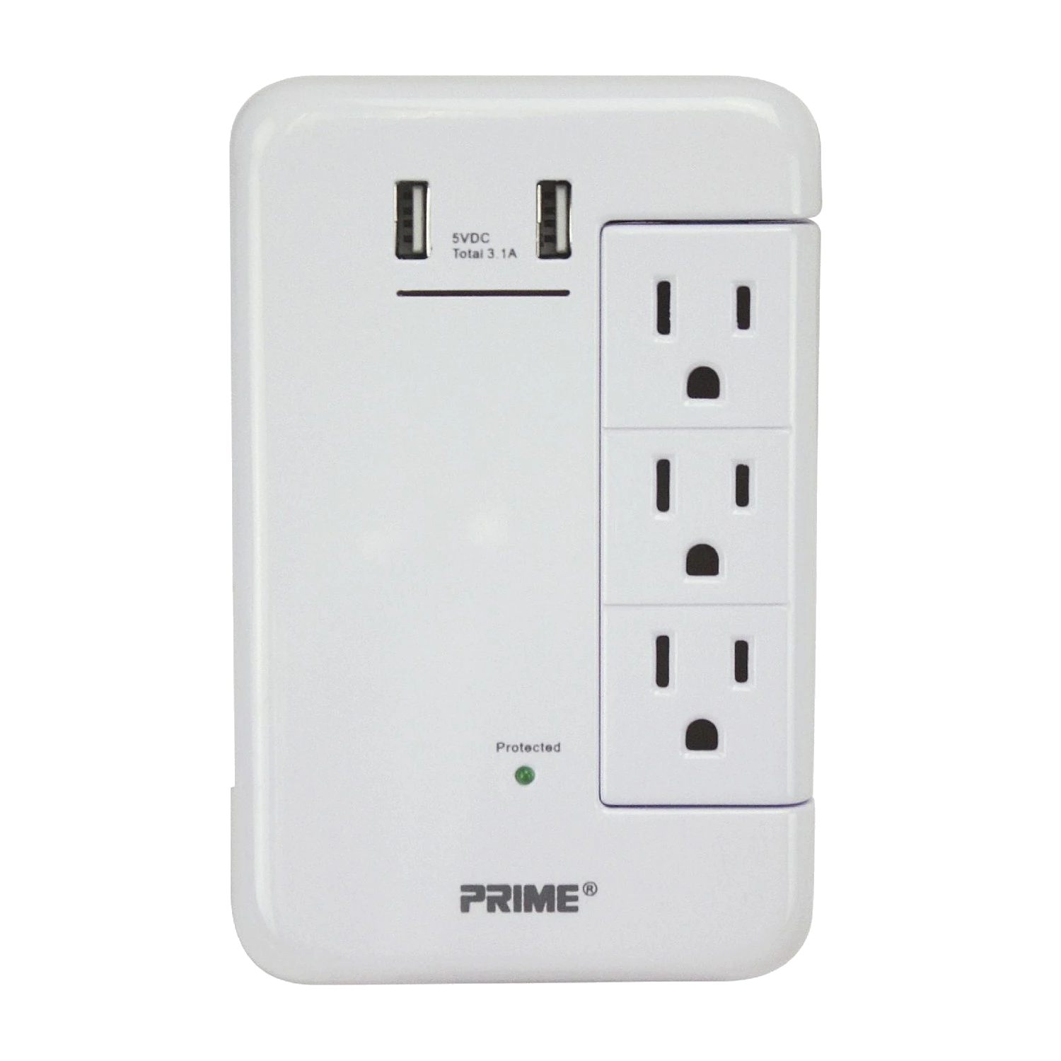 Prime PBRUSB346S 6 Outlet (3-Fixed Rotating) 1200 Joule Surge Tap with 2-Port 3.4A USB Charger