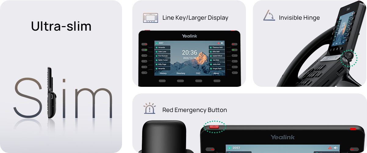 Ultra-slim profile, line key display, invisible hinge and red emergency button